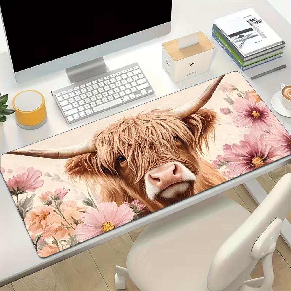 Cow Mat Rubber - Highland Cow Pink Floral Large Desk